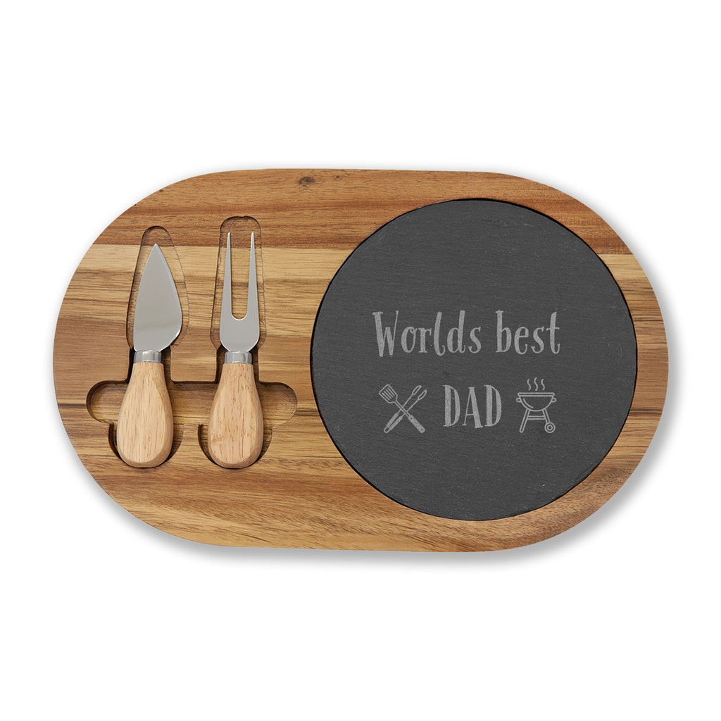Engraved 'World's Best Dad' Charcuterie Board with Slate & Cheese Knives