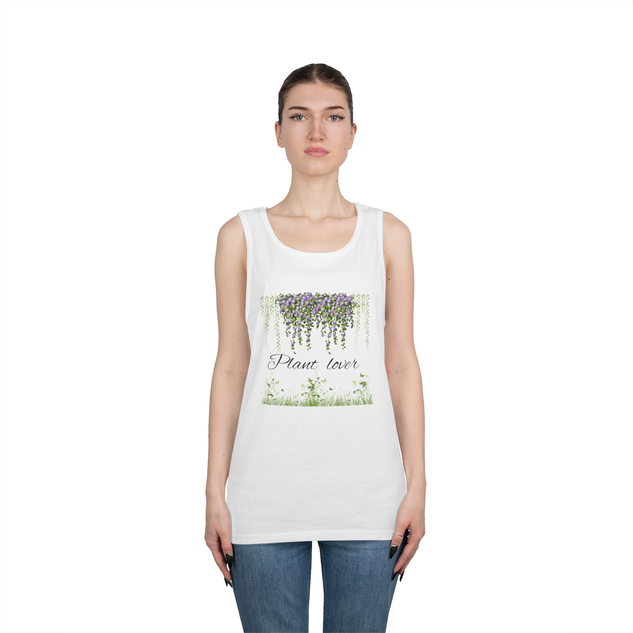 Plant Lover Tank Top — Watercolor Hanging Vines & Meadow Graphic