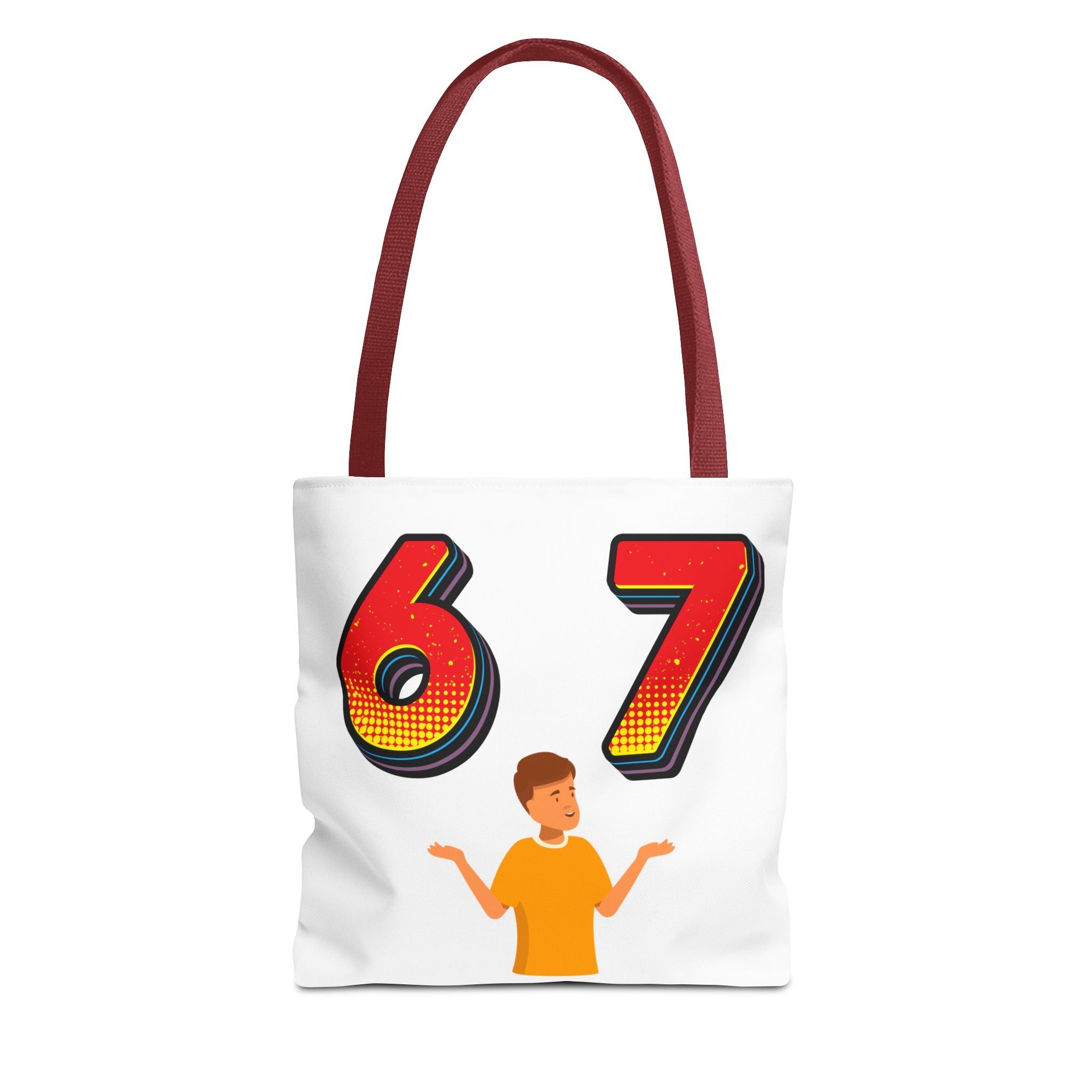 67 Graphic Tote Bag — Retro Number Design with Shrugging Character