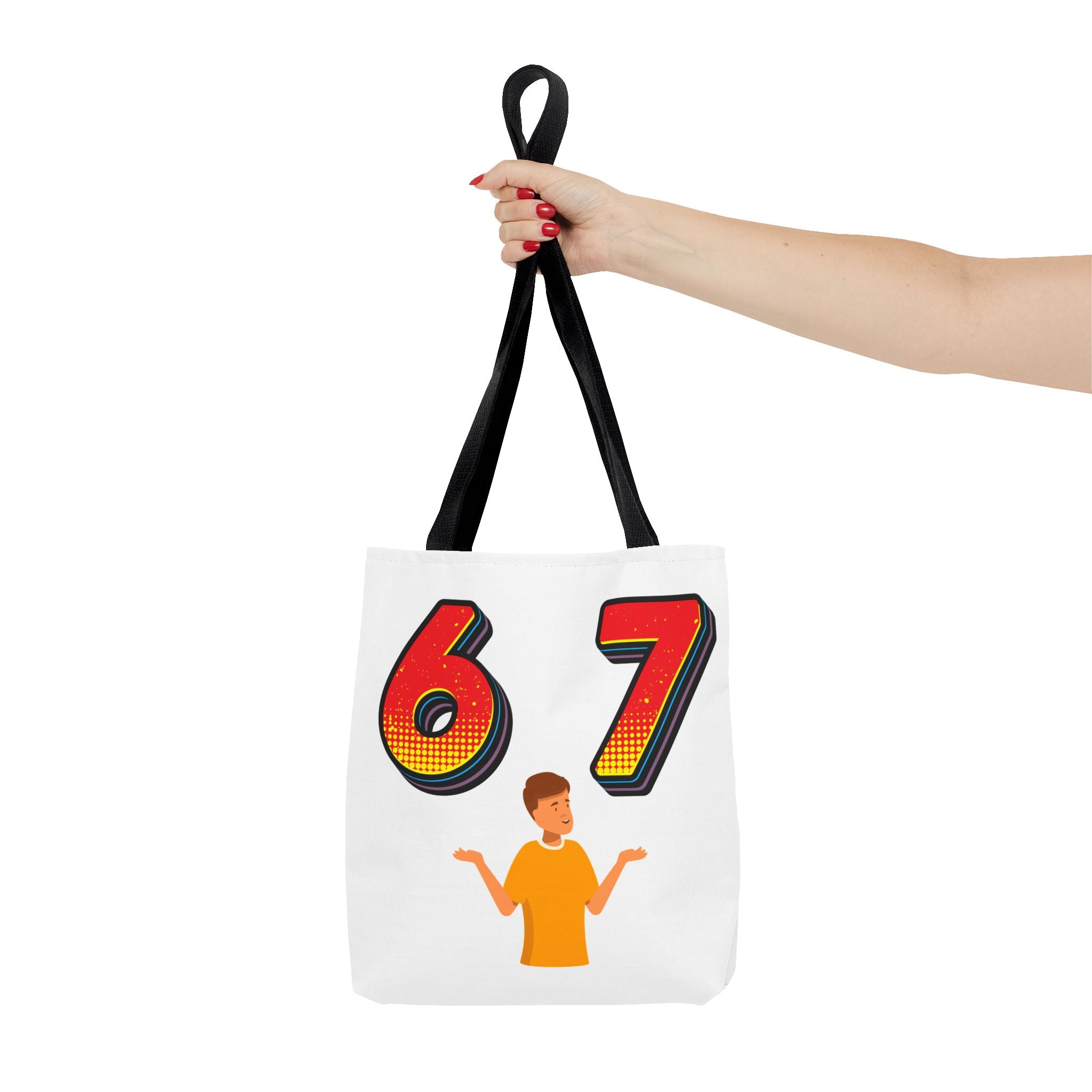 67 Graphic Tote Bag — Retro Number Design with Shrugging Character
