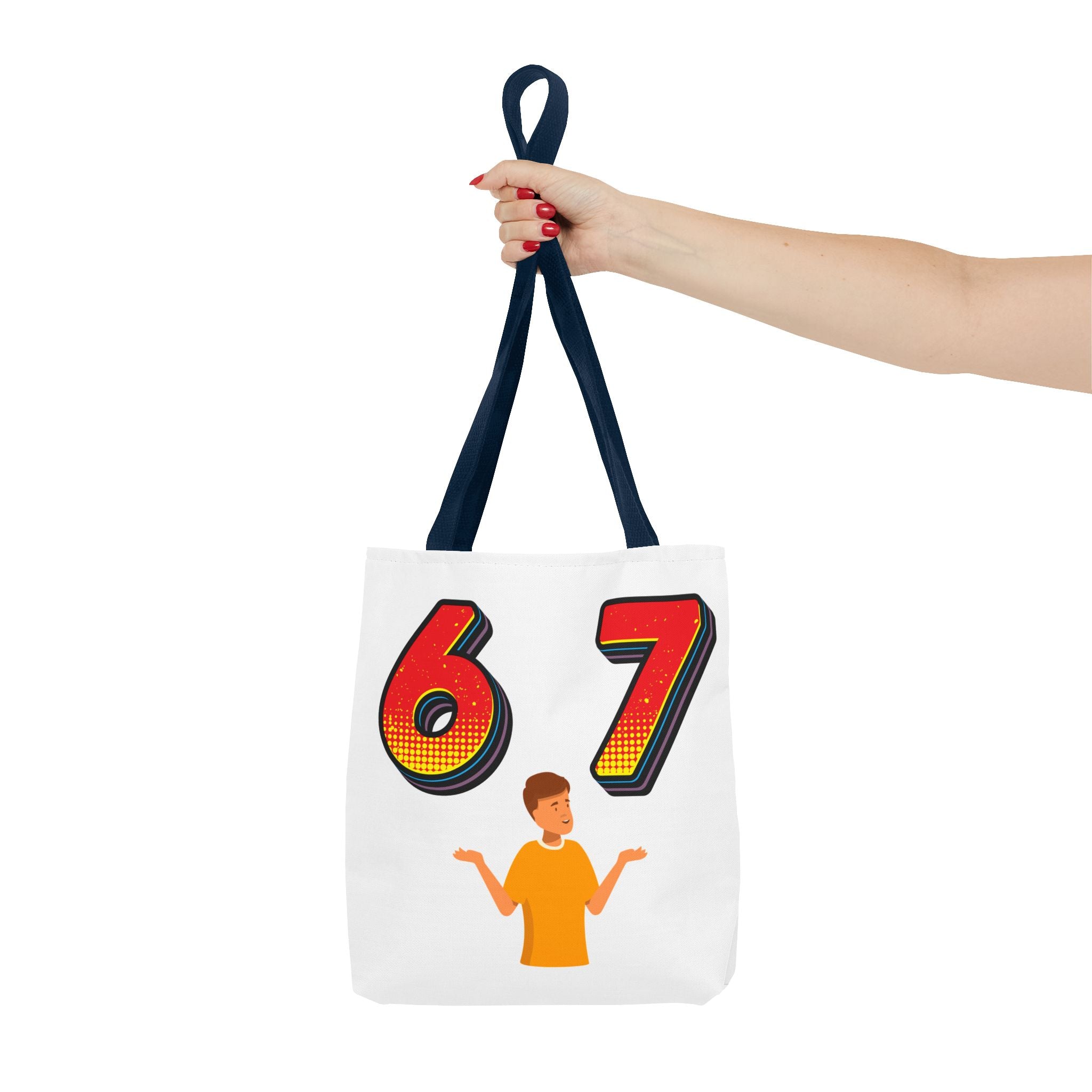 67 Graphic Tote Bag — Retro Number Design with Shrugging Character