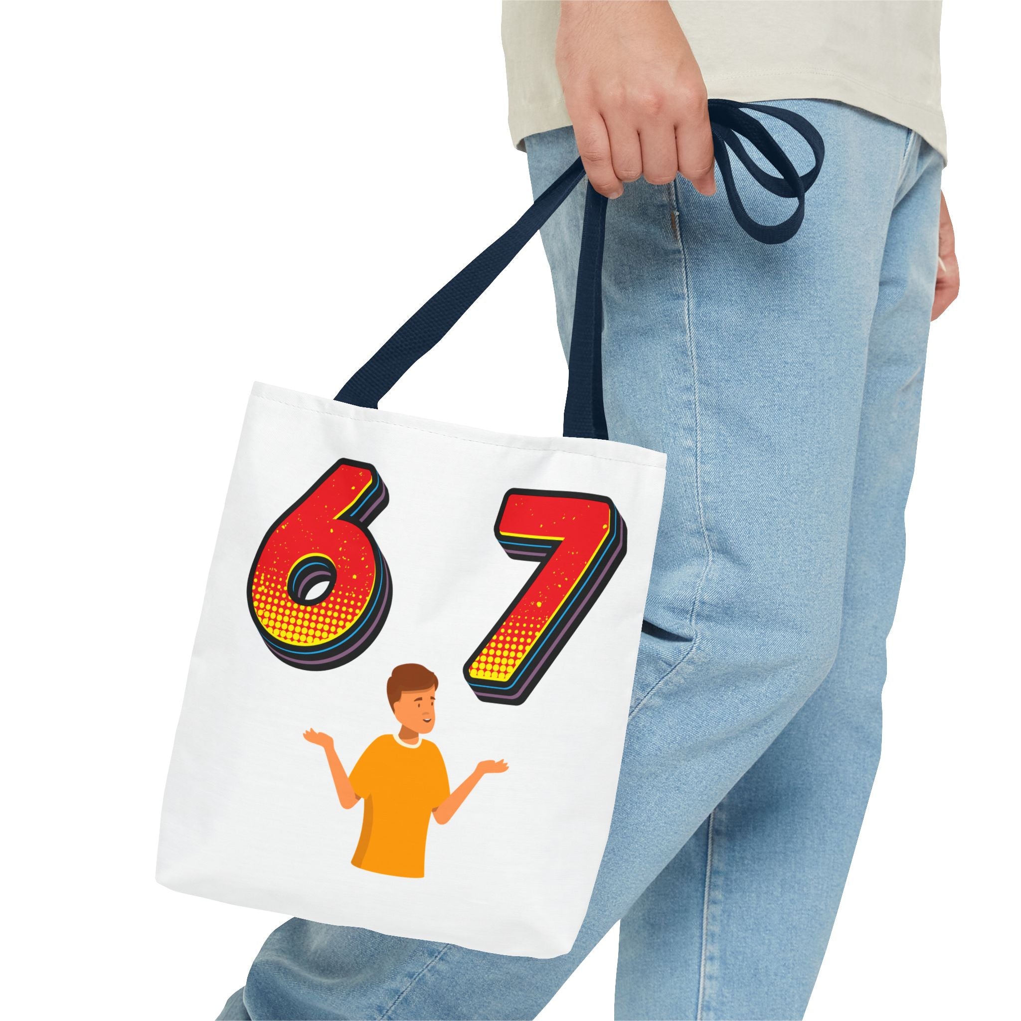 67 Graphic Tote Bag — Retro Number Design with Shrugging Character