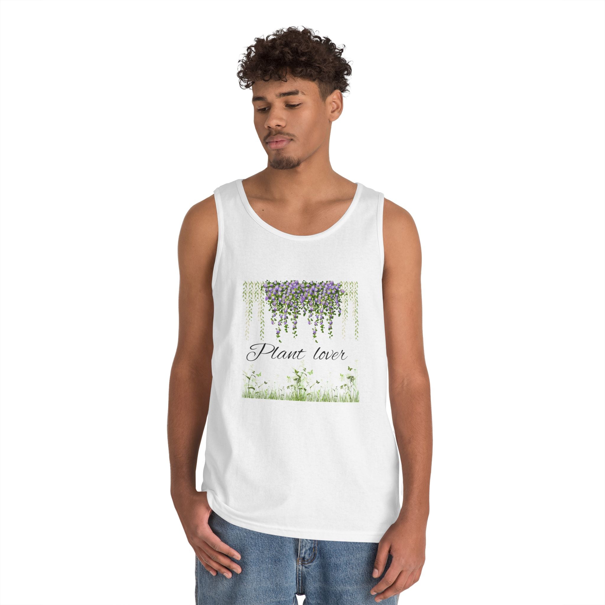 Plant Lover Tank Top — Watercolor Hanging Vines & Meadow Graphic