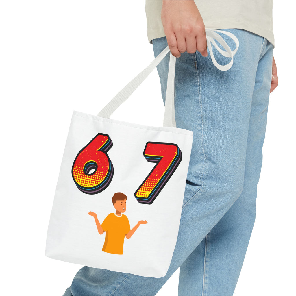 67 Graphic Tote Bag — Retro Number Design with Shrugging Character