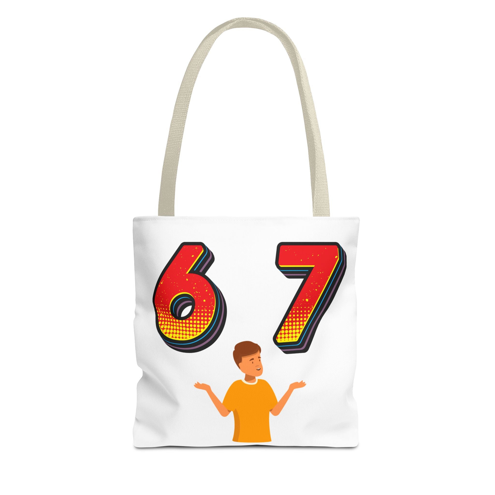67 Graphic Tote Bag — Retro Number Design with Shrugging Character