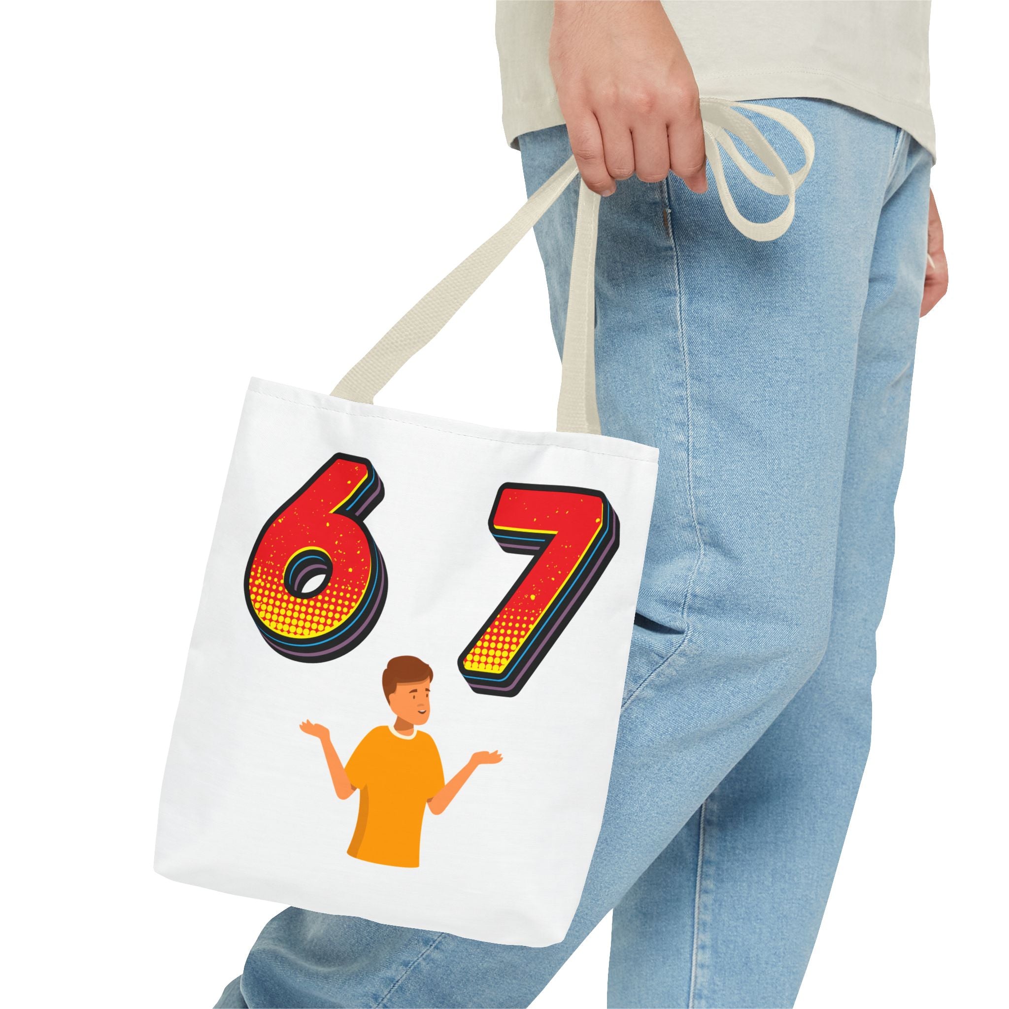 67 Graphic Tote Bag — Retro Number Design with Shrugging Character