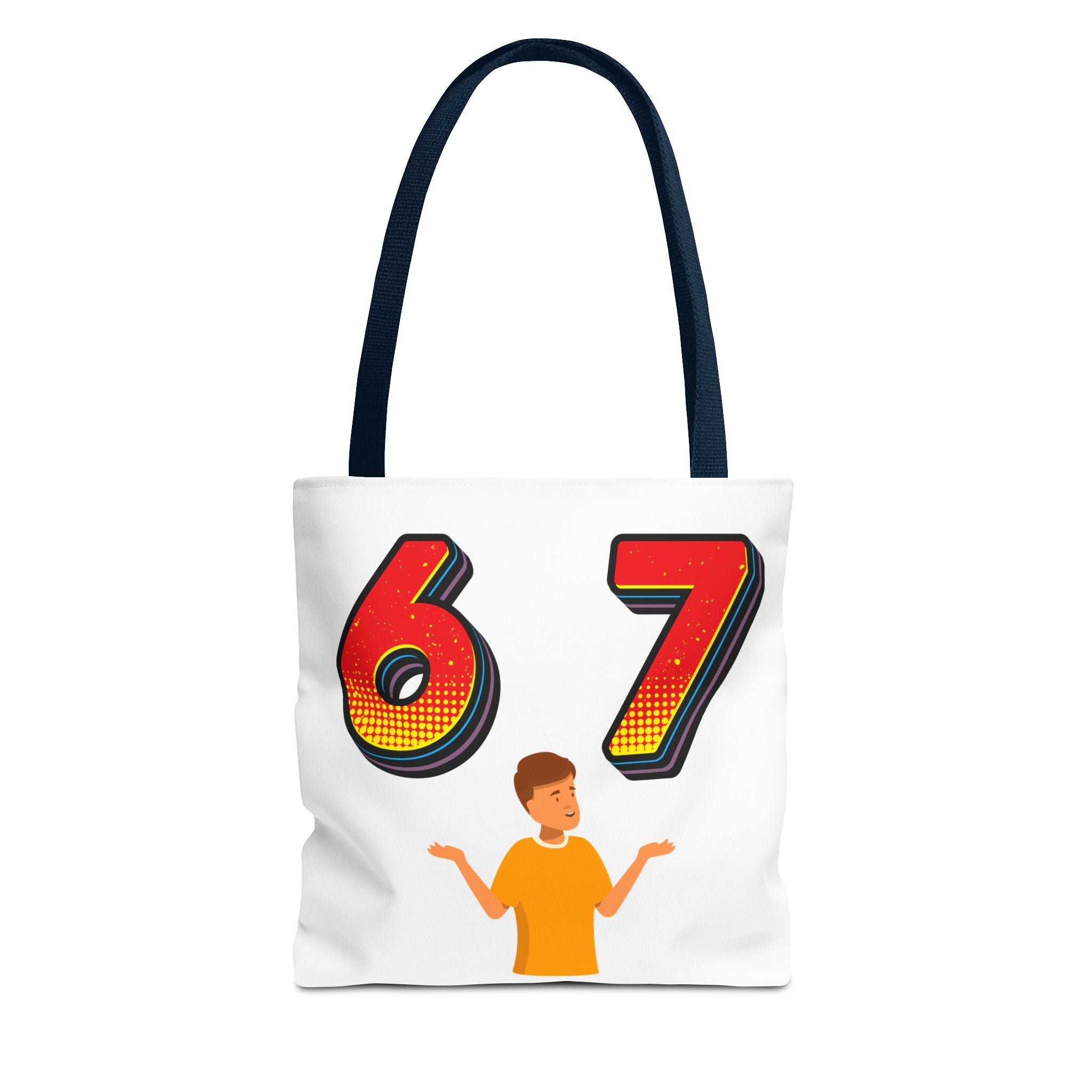 67 Graphic Tote Bag — Retro Number Design with Shrugging Character
